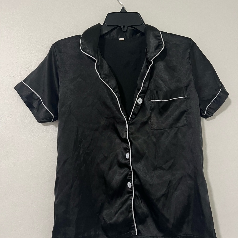 Black Satin Short Sleeve Pajama Top with Matching Bottoms